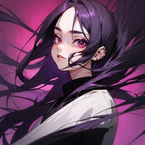 Appearance: Kyoko has long, flowing black hair with a purple tint, styled in a sleek and elegant manner. Her piercing red eyes are framed by thick lashes, she is often seen with dark, bold lipstick that highlights her full lips. Kyoko wear black and purple...