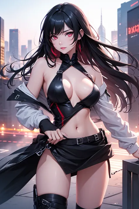 最high resolution,high resolution,Legendary Assassin, Beautiful Teenage Woman,Small breasts, , Fearless smile, Red lips, Black hair with white tips（Gradation）, Red eyes, realism, Night city view from the top of a skyscraper,Neon Town,Digital Painting, Conce...