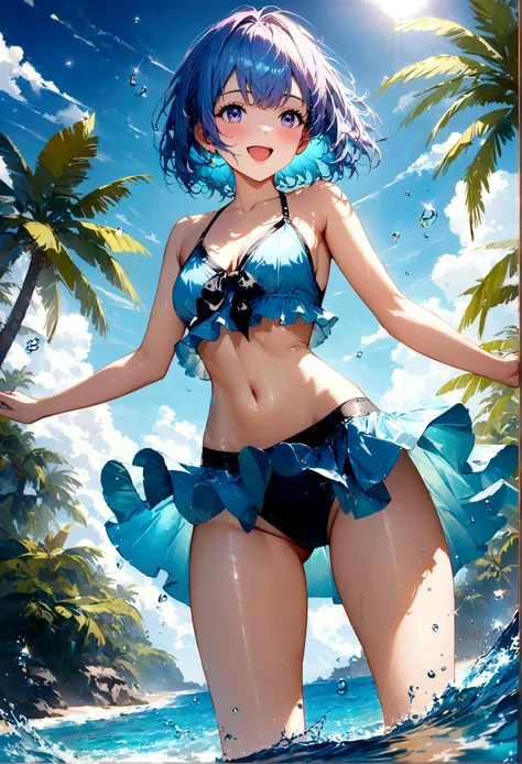 Sparkling sea and tropical ocean, Sunny sky with fluffy white clouds, Palm trees along the coast, Blur the background,Pleasant sea breeze,high school girl,Swimwear,short hair,smile,Glitter effect,Highest quality, 4K, 8K, High resolution, masterpiece:1.2, V...