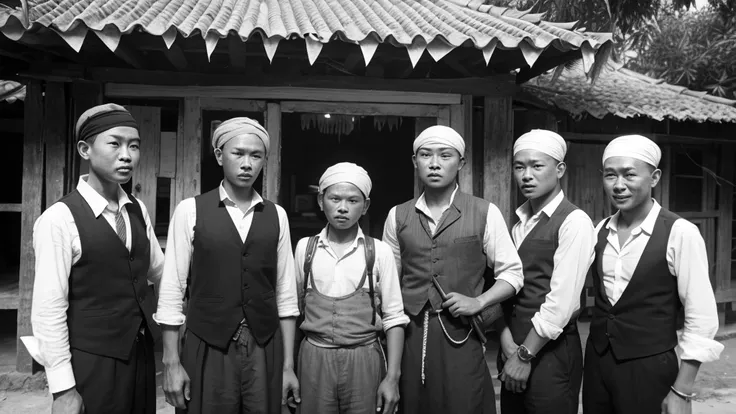 1930s, monochrome photography, A group of thieves in Southeast Asia, wears a bandana on head,  Group photo, 32K, Best quality, Masterpiece, super detail, High Details,
