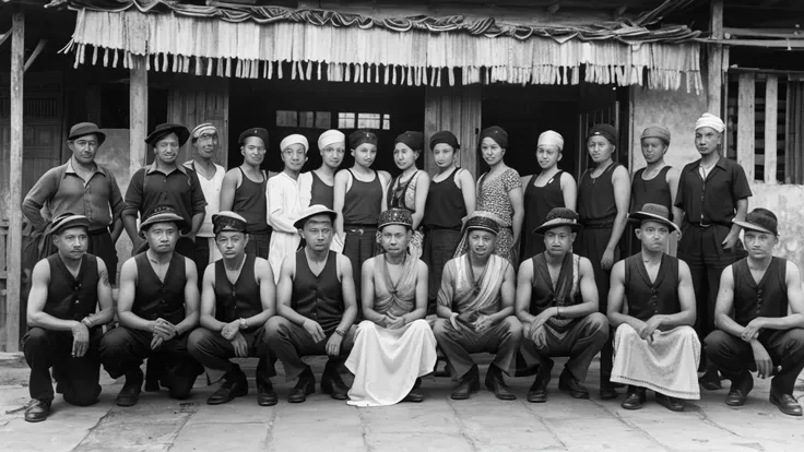 1930s, monochrome photography, A group of thieves in Southeast Asia, wears a bandana on head,  Group photo, 32K, Best quality, Masterpiece, super detail, High Details,
