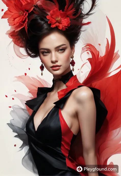 arafed image of a woman with a red and black dress and a red flower, exquisite digital illustration, stunning digital illustration, karol bak uhd, gorgeous digital art, in style of digital illustration, style digital painting, beautiful digital artwork, be...