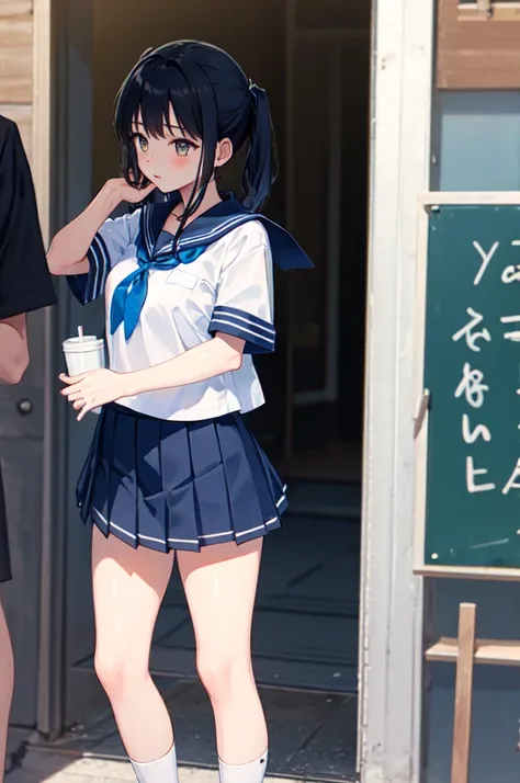 （Sailor suit summer uniform、Short sleeve、Yellow tie、Navy blue micro mini skirt、Navy Pleated Skirt、White mesh panties、White Short Socks）、独奏、Women&#39;s High生、(Big Breasts、Big Tits)、Arms folded behind back、Spreading her legs:1.5、(Big Breasts、Big Tits)、(Black...