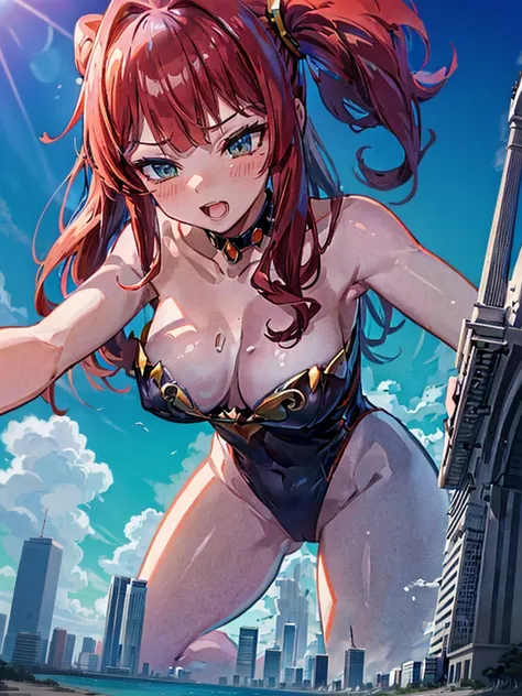 Giantess appears from underwater in front of a giant cruise ship, the cruise ship looks very small in front of her because it is giant, she is naked, she has red hair and white skin, she has small breasts but very sexy legs and her body is very curvy. Godd...