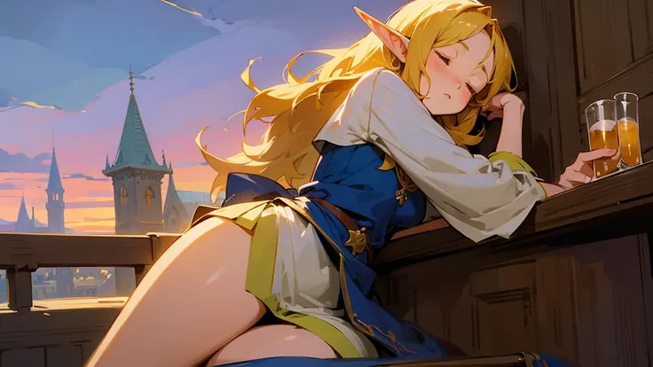 Anime Style,Nostalgic,Detailed background,The medieval world,A lively bar with lots of people,Beautiful sky,Sleeping bard beautiful elf girl,Thighs