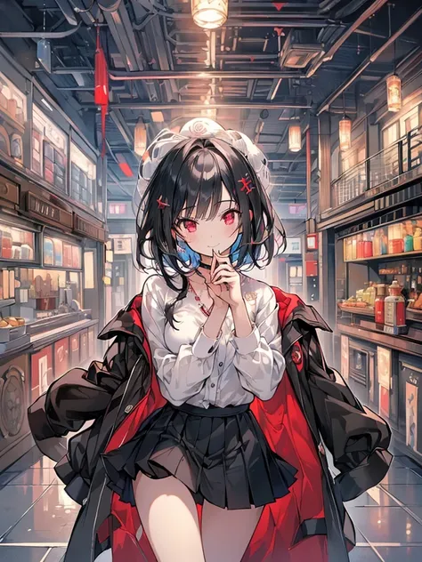 (masterpiece, highest quality, highest quality, (No text), Beautiful and aesthetic:1.2),No text,アニメ、 high resolution　BREAK,One Girl，Short black hair　Beautiful eyes　Red eyes　Beautiful girl　cool　smile　Black Coat　mini skirt　foot　Night view　Detailed eyes and f...