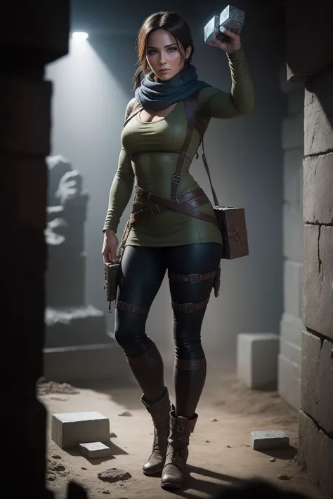 Lara Croft holding a metal hexagon cube with ancient drawings in her hands, standing in a Tomb, dark lighting, underground Tomb, perfect anatomy, beautiful face, perfect hands, broken statues in the background, wearing a dark coat and a scarf, DLSR, sharp ...