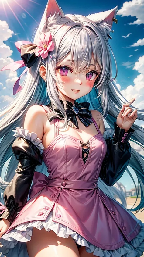 Silver hair, pink eyes, body, cat ears, sexy girl, earrings, flower sky background,pink blue uniform, hair bows, happy face