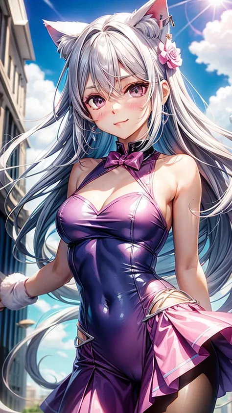 Silver hair, pink eyes, body, cat ears, sexy girl, earrings, flower sky background,pink blue uniform, hair bows, happy face