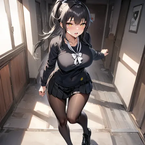 A woman wearing a black school t-shirt with long sleeves, a short black skirt, black tights, black womens shoes, exposed abdomen, large breasts, white bow around her neck, long black hair, ponytail hair, white bow in her hair, walking in a Japanese school ...