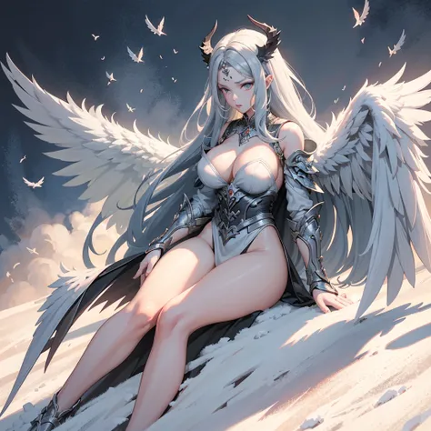 subject：full body picture of couple, The lost god, Angel Wings and Demon Lord Wings, Sky battle of gods and devils, (Realistic picture, high resolutionสุด, 16K), (A demon god with wide wings and enormous power on his shoulders..., Twelve wings on the shoul...