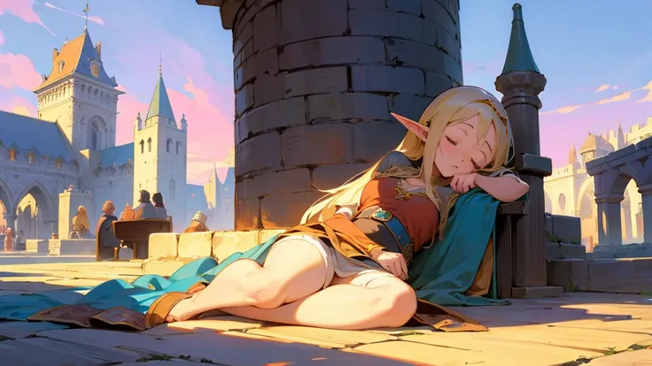 Anime Style,Nostalgic,Detailed background,The medieval world,A bustling square with many people,Beautiful sky,Sleeping bard beautiful elf girl,Thighs