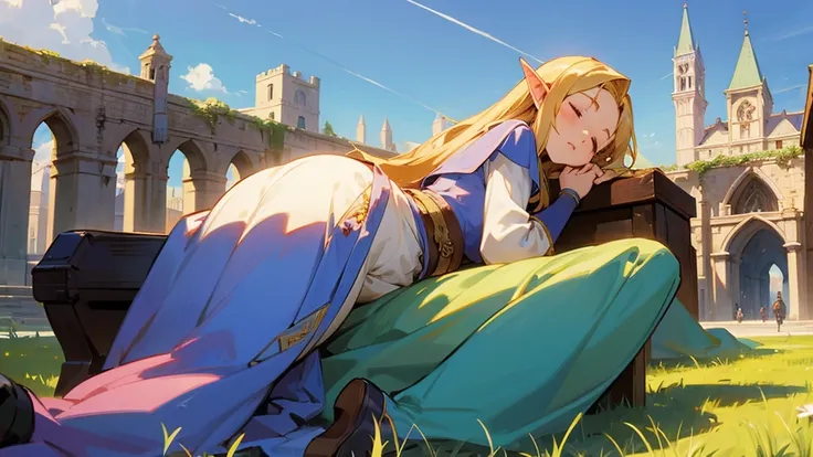 Anime Style,Nostalgic,Detailed background,The medieval world,A bustling square with many people,Beautiful sky,Sleeping bard beautiful elf girl,Thighs