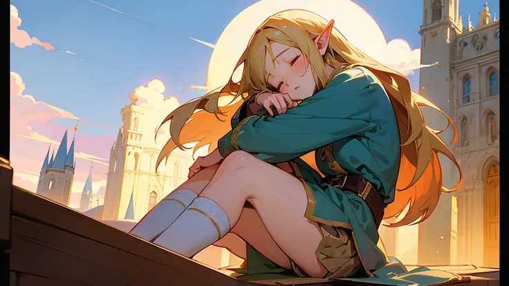 Anime Style,Nostalgic,Detailed background,The medieval world,A bustling square with many people,Beautiful sky,Sleeping bard beautiful elf girl,Thighs