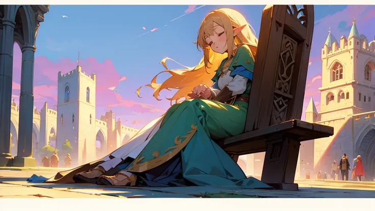 Anime Style,Nostalgic,Detailed background,The medieval world,A bustling square with many people,Beautiful sky,Sleeping bard beautiful elf girl,Thighs