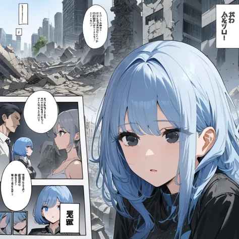 ((highest quality)), ((masterpiece)), (detailed)),  a man with gray hair and black eyes next to a woman with blue hair and blue eyes in a scene Comic ebook storyboard a city in rubble destroyed three panels HQ