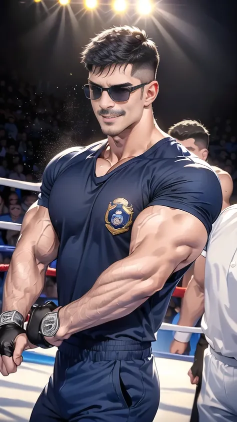 (handsome Man),(Thin mustache:1.1),(crew cut short hair:1.5),black eye,
(navy blue tight-fitting round neck short sleeve T-shirt:1.3),(Police badge:1.3),navy blue cargo pants,(navy_gloves:1,3),(navy_backpack:1.3),(sunglasses:1.3),
Korean guy,chest muscles,...