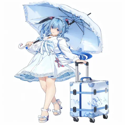 Realistic girl with blue hair and white skirt holding an umbrella, From 碧蓝航线 电子游戏, From, Azur route style, Desire Personality, Anime full body illustration, Fleet Collection Style, Cute anime girl in a beautiful skirt, Anime cute art style, kirokaze pixel ...