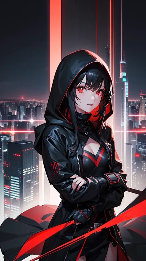 最high resolution,high resolution,Legendary Assassin, Beautiful Teenage Woman,Small breasts,black hooded coat , Fearless smile, Red lips, Black Hair, Red eyes, realism, Night city view from the top of a skyscraper,Neon Town,Digital Painting, Concept Art, Sm...