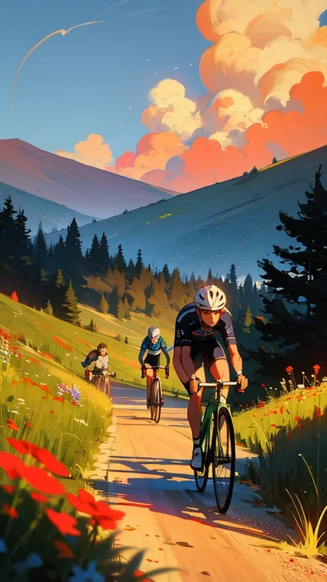 Two cyclists riding vintage road bikes on a serpentine mountain trail, their forms silhouetted against a golden hour sky with dramatic beams of sunlight piercing through clouds and highlighting rocky cliff faces, wildflowers in the foreground framing the t...