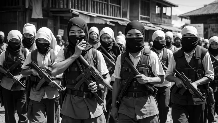 1930s, monochrome photography, A group of terrorists in Southeast Asia, mouth and nose covered with a bandana,  Group photo, 32K, Best quality, Masterpiece, super detail, High Details,
