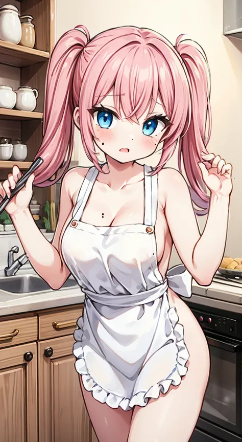 masterpiece, highest quality, (anime screencap:1),(shape), cute,(simple:1), (anime:1.2),Solo Sharp Focus, 1 girl, cleavage,looking at the viewer, Japan,Kitchen ,embarrassing ,pink hair, Twintails hair,(NSFW:1), (Medium breasts:1.1), Cooking time,, (liar:1....