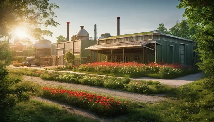 A high-quality photograph of a secluded  small production facility located within a lush, green forest. The forest is filled with a vibrant array of thick trees, the production facility is surrounded by a flower field, creating a striking contrast against ...