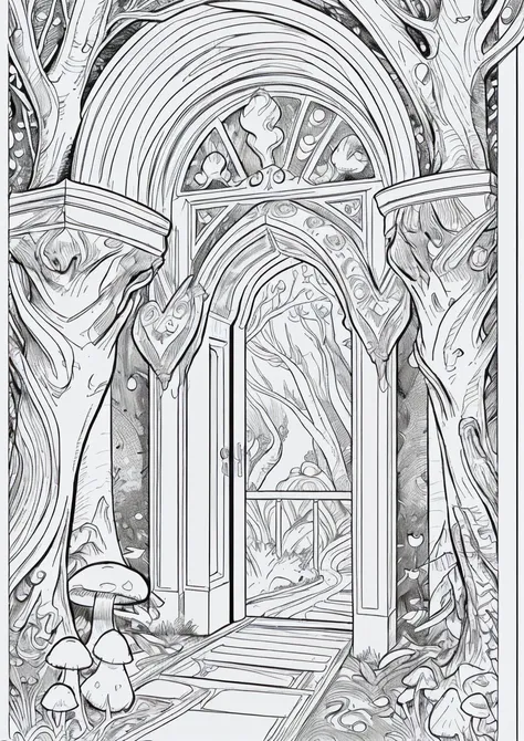 Masterpiece, monochrome draw, Intricate line art of a magical forest entrance, ornate gateway, glowing mushrooms, black and white illustration, coloring book style, whit background, detailed pen drawing, high contrast, clean lines, suitable for coloring, n...