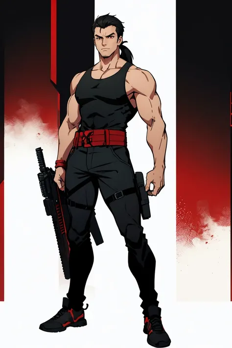 1 male, handsome, young man, tall, black hair, ponytail, red eyes, black, red, tactical tank top, white background, serious, muscular, harness, fullbody, no guns, cyberpunk, no weapons, standing, 
