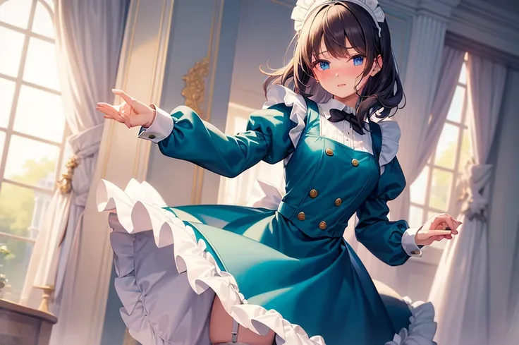 masterpiece, best quality,1girl, solo,whtie hair,medium hair,blue eyes,long sleeves,juliet sleeves,apron,maid,maid headdress,puffy sleeves,green dress,vest,buttons, white thighhighs,standing, looking at viewer, nose blush,