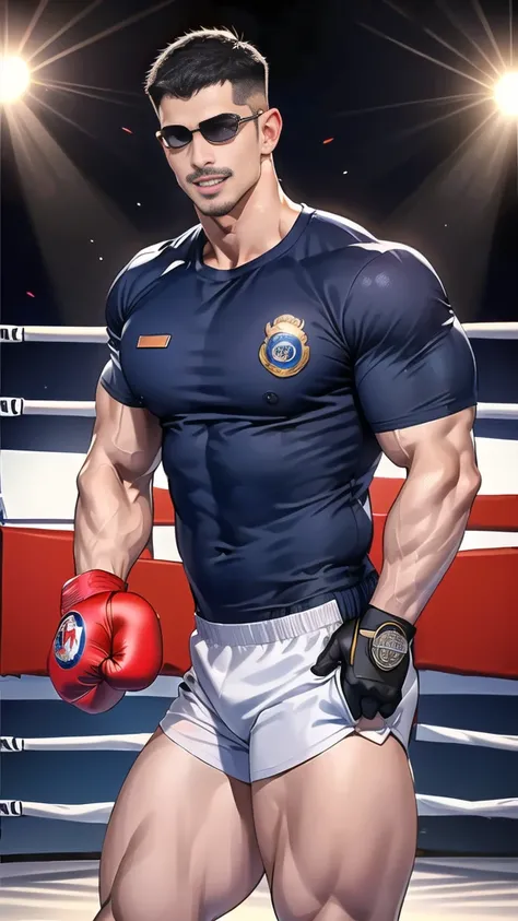 (handsome Man),(Thin mustache:1.1),(crew cut short hair:1.5),black eye,
(navy blue tight-fitting round neck short sleeve T-shirt:1.3),(Police badge:1.3),navy blue cargo pants,(navy_gloves:1,3),(navy_backpack:1.3),(sunglasses:1.3),
Korean guy,chest muscles,...