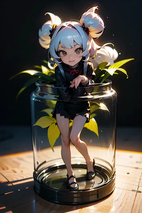 3d-illustration of a very cute girl figure in a jar, masterpiece((must)), palm-sized, cute, the face is dense((must)), ilya kuvs...