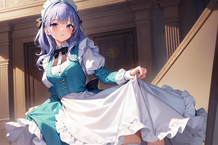 masterpiece, best quality,1girl, solo,whtie hair,medium hair,blue eyes,long sleeves,juliet sleeves,apron,maid,maid headdress,puffy sleeves,green dress,vest,buttons, white thighhighs,standing, looking at viewer, nose blush,