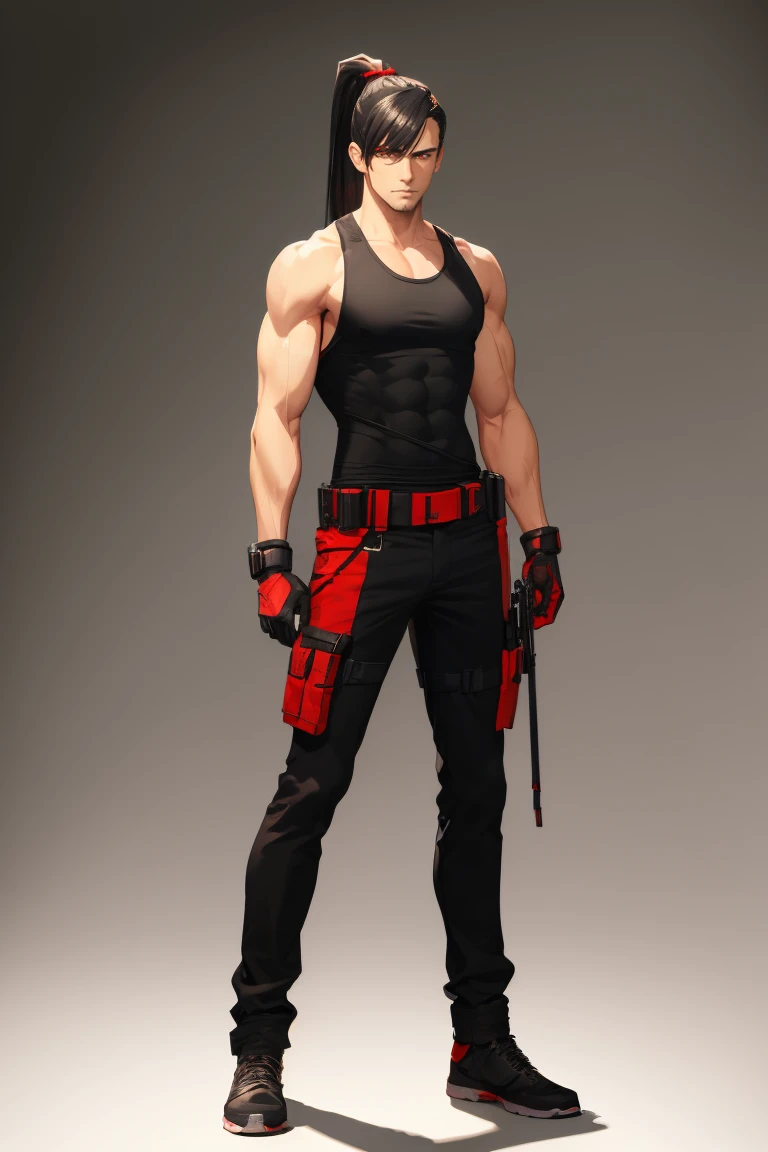 1 male, handsome, young man, tall, black hair, ponytail, red eyes, black, red, tactical tank top, white background, serious, muscular, harness, fullbody, no guns, cyberpunk, no weapons, standing, 