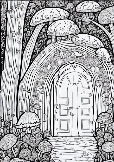 Masterpiece, monochrome draw, Intricate line art of a magical forest entrance, ornate gateway, glowing mushrooms, black and white illustration, coloring book style, whit background, detailed pen drawing, high contrast, clean lines, suitable for coloring, n...