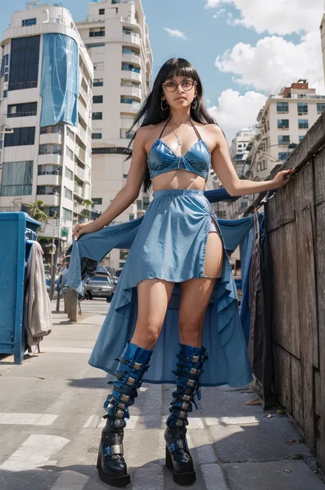 brazilian woman wearing a blue vinyl halter top dress. black hair, light curled, short straight bangs. white large hair band . m...