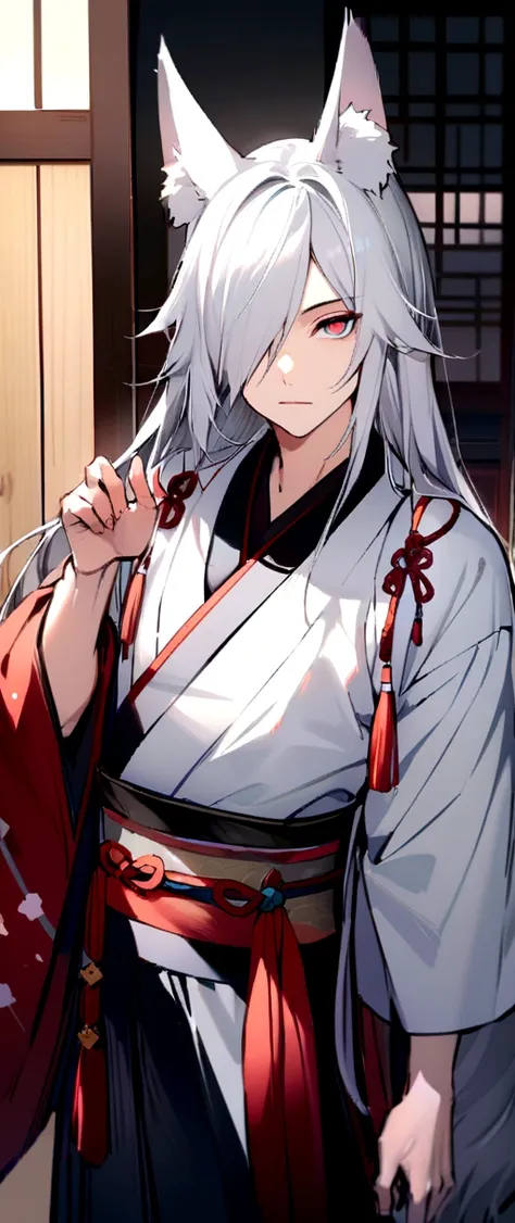 male、Fox、Animal Ears、Silver Hair、Long Hair、One knot、One-eyed、Japanese style、