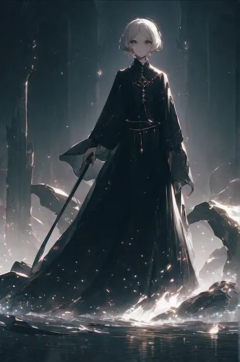 ((Лучшее качество)), ((шедевр)), (подробный), a golem resembling a skinny boy in a black robe with short hair with two swords on his back and dark eyes