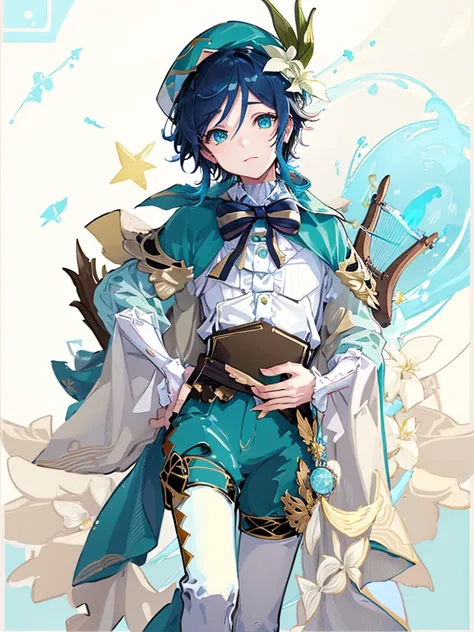 venti genshi impact flat colors card cover blue colors golden frame boy with a book in his hands stars and elements like white f...