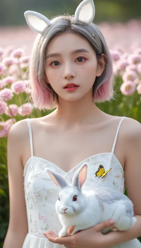 detail, realism, 4K, 15-year-old girl, 面部detail, Big yellow eyes, Full lips, with an upturned nose, Gray hair，With pink hair, Wearing a white dress, A rabbit in his hand, Flowers in the background, White butterfly in the foreground, Realistic shooting, Dep...