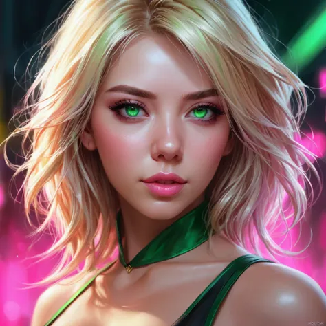 woman blonde hair green eyes and pink batm and a black top, realistic art style, rossdraws portrait, artgerm portrait, anime rea...