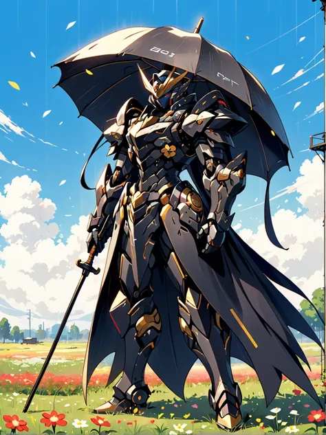 a black mech stands on a meadow full of flowers，holding an umbrella，lower your head，the whole scene looks dilapidated.，lonelines...