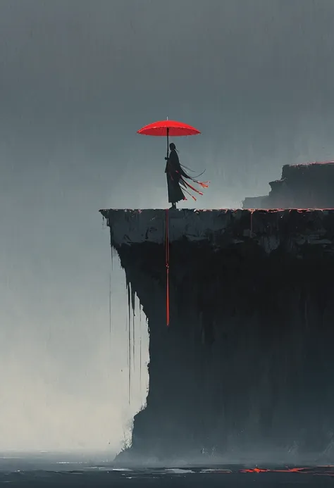 a simple,minimalist illustration, 1 red umbrella suspended in the air,tassels on the umbrella,solitary figure,on a cliff edge,br...