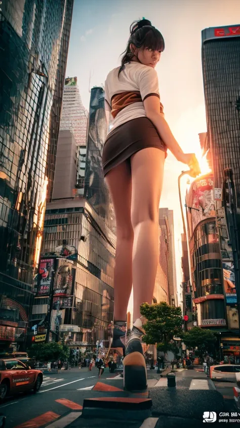 The giant girl wields a hammer and destroys the city,A giant woman in a lying on top of a cyberpunk city, Wear short skirts,Little guys running around the giant girl,The little person panicked and ran away,Many cars pass by, Standing on her hand, cgsociety...