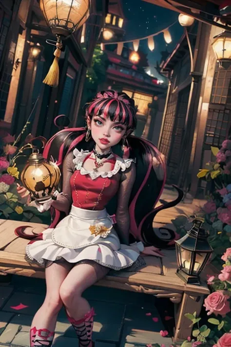 1 girl, a girl with bat wings, holding a red rose, succubus, bakery, a red roses on focus, red roses, bat choker, necklace, centered, bat jewelry, gothic scenery, Pink bat Jewelry, smile, vampire fangs, (looking at viewer), Draculaura_MH, wavy hair, solo, ...