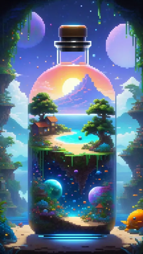 Pixel Art, The entire observable universe is in a bottle, Like a dream, Surreal landscape, Mysterious Creatures, Distorted reality, Surrealism静物, (extremly detailed oil painting:1.2), Glow Effect, Divine Light, Hand Painted, Make, 8K, cartoon, octane Make,...