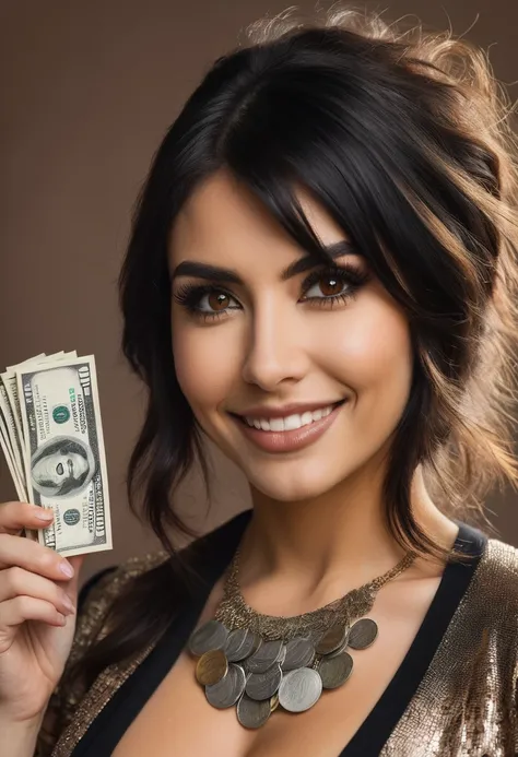 bearded woman beautiful shaggy beard, black hair, brown eyes, eyeliner, proud smile, seductive look, hold a load of dollar bills