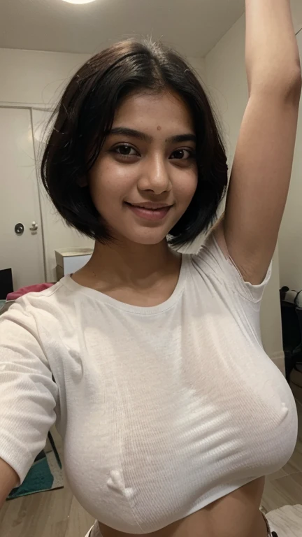 Indian girl, drooping eyes, cute smile, model face, white skin, 18 years old, giant boobs  , wearing tight shirt, selfie, short black hair, looking at viewer, inside room, upper body