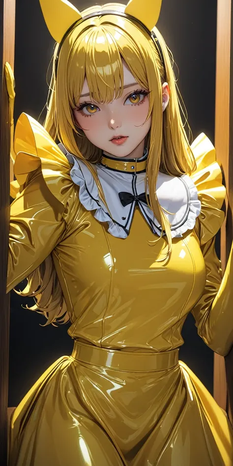 Portrait、(masterpiece,Highest quality,Ultra-high resolution),Japanese women, (((Very beautiful 25 year old girl))),(Yellow latex maid outfit)、(Yellow latex long skirt)、(A yellow latex long-sleeved shirt covering the upper body)、Yellow latex long gloves、Yel...