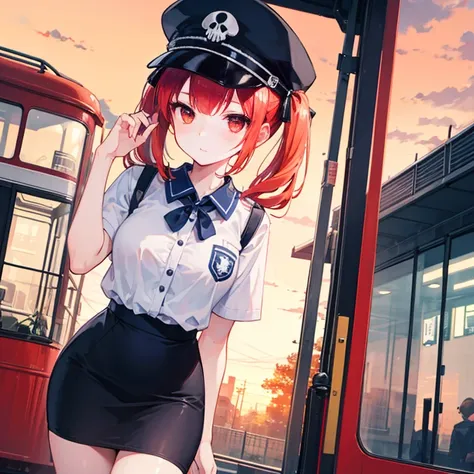 One girl, alone, Redhead, Red eyes, Twin tails, Employee uniforms, Pencil Skirt, Skull print, Navy Cap, Orange sky,, Outdoor, station, Stand in front of the bus,, 